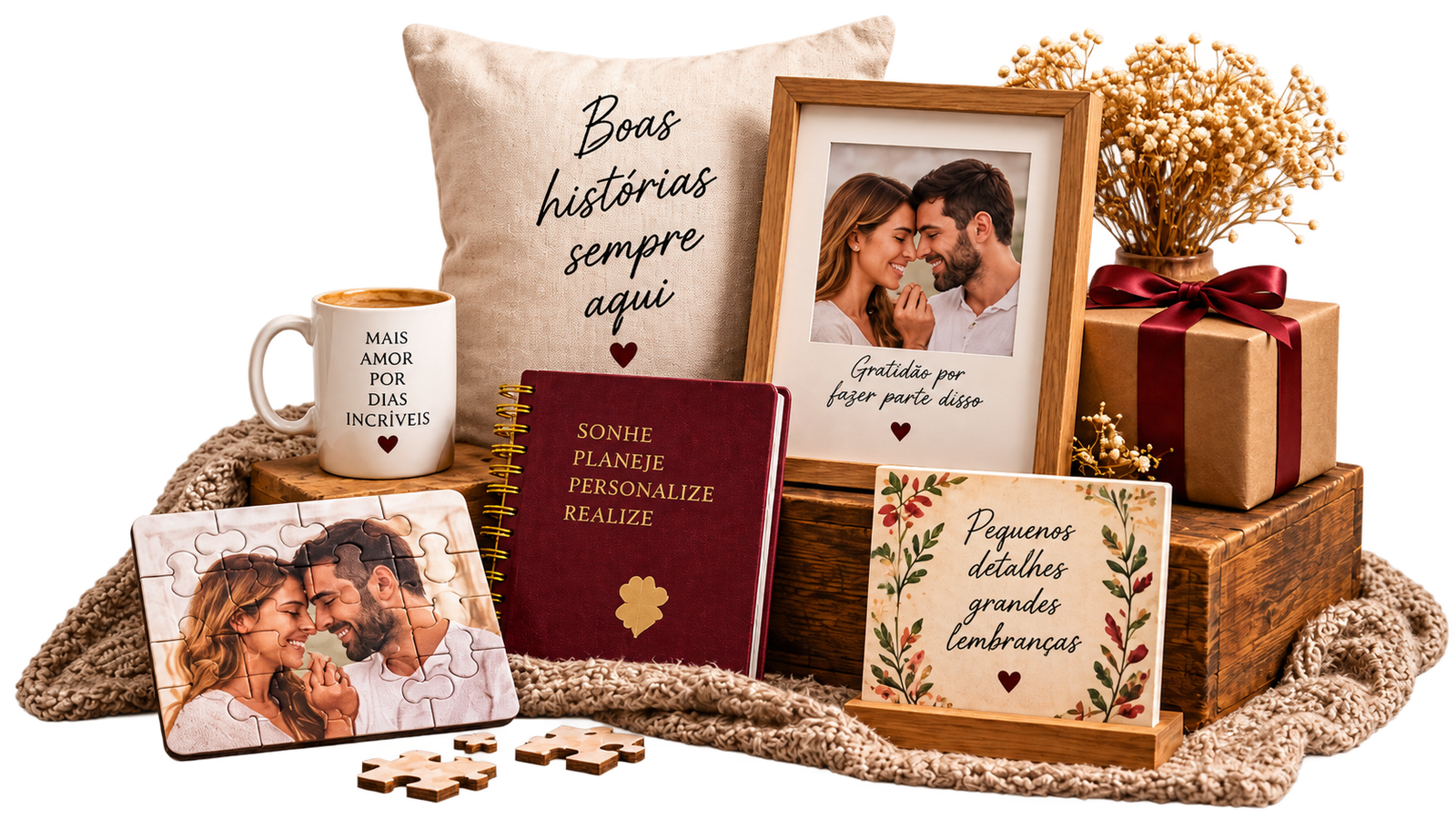 Presentes personalizados com almofada, caneca, porta-retrato, agenda e quebra-cabeça