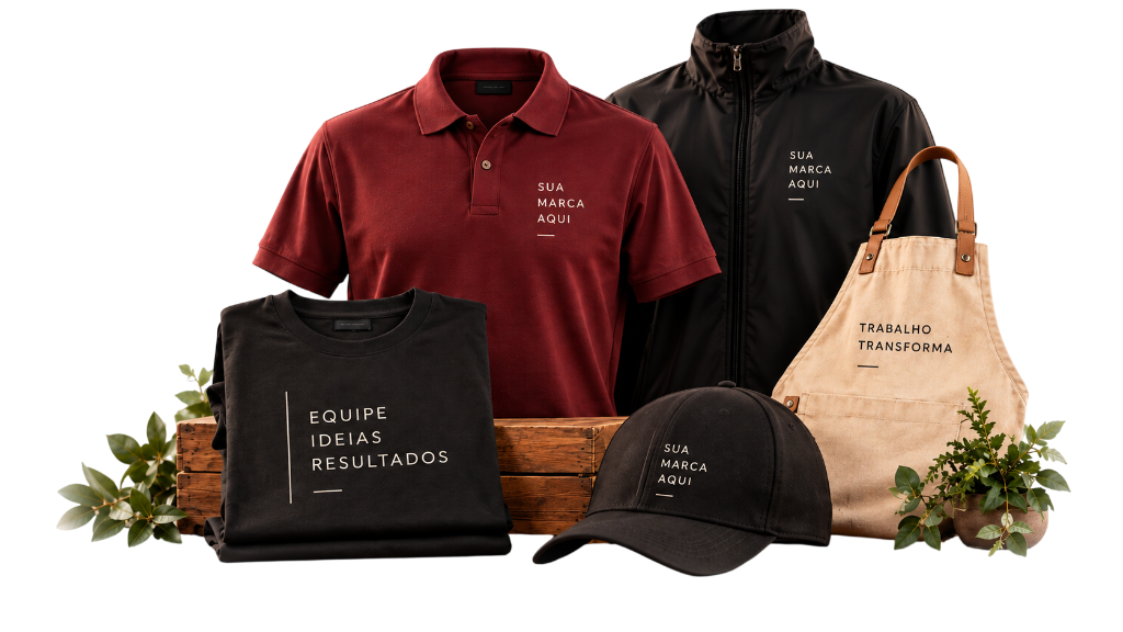 Uniformes personalizados com polo, camiseta, jaqueta, boné e avental